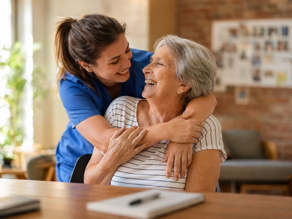 Accueil elderly care, happy senior, caregiver, home care, senior support, assisted living, empathy, nurse, elderly woman, companionship, aging, geriatric care, healthcare, home environment, professional care, emotional support, community support, smiling, healthcare professional